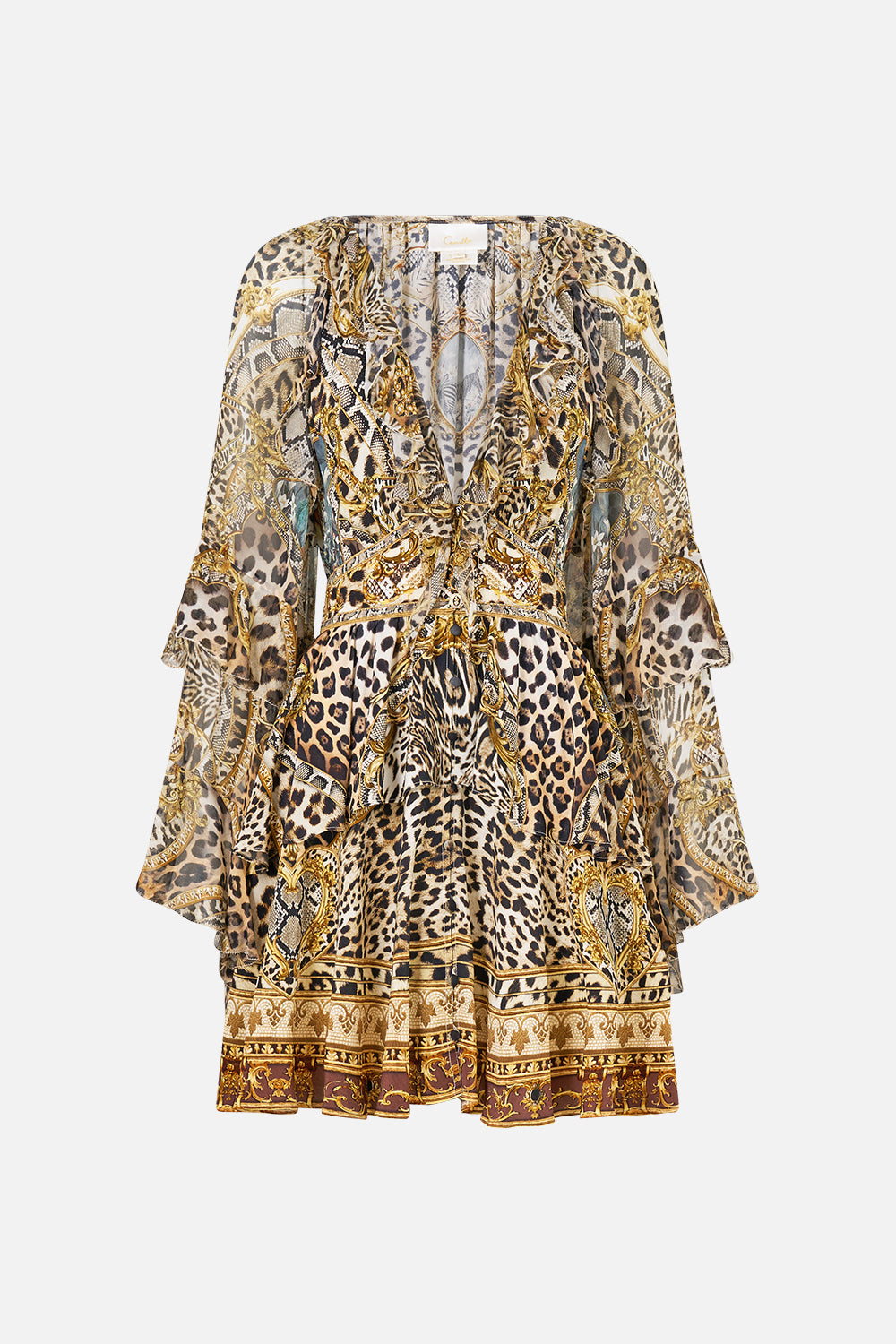The CAMILLA SHORT WAISTBAND DRESS WITH RUFFLE SLEEVE LEOPARD LIBERTINE