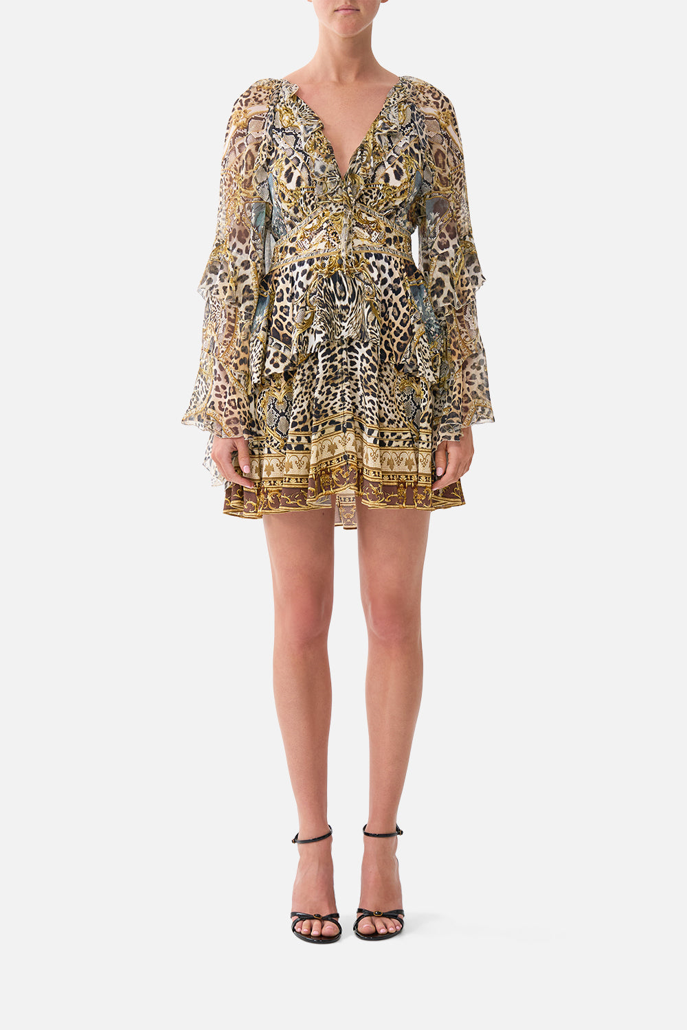 The CAMILLA Short Waistband Dress with Ruffle Sleeve Leopard Libertine in our Leopard Libertine print.