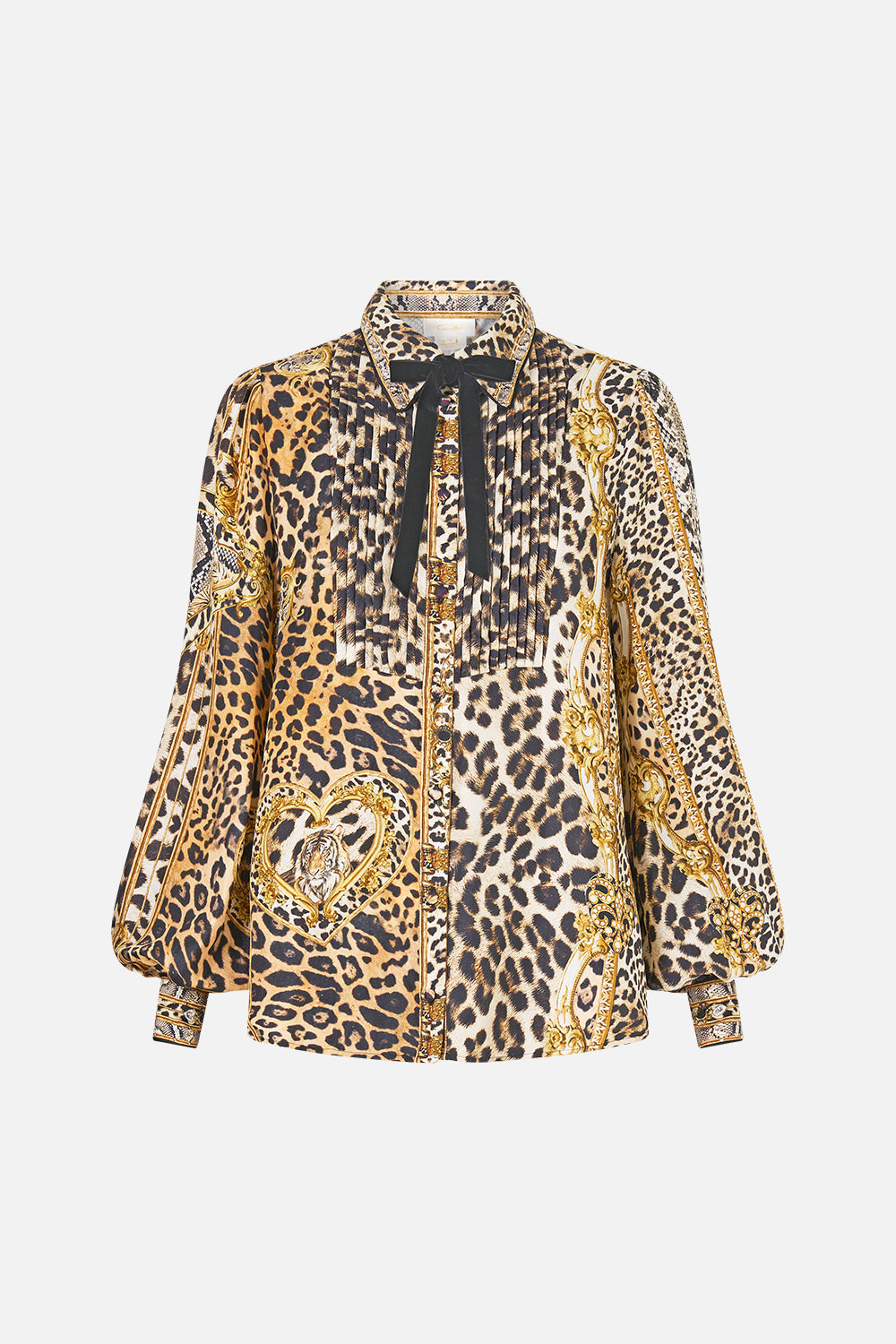 The CAMILLA Collared Shirt with Pintucks Leopard Libertine in our Leopard Libertine print.