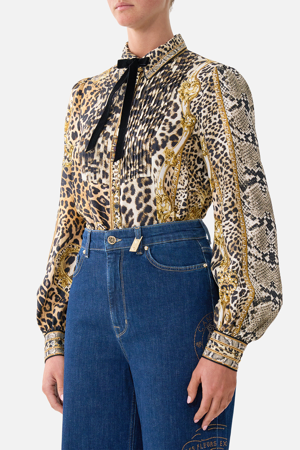 The CAMILLA Collared Shirt with Pintucks Leopard Libertine in our Leopard Libertine print.