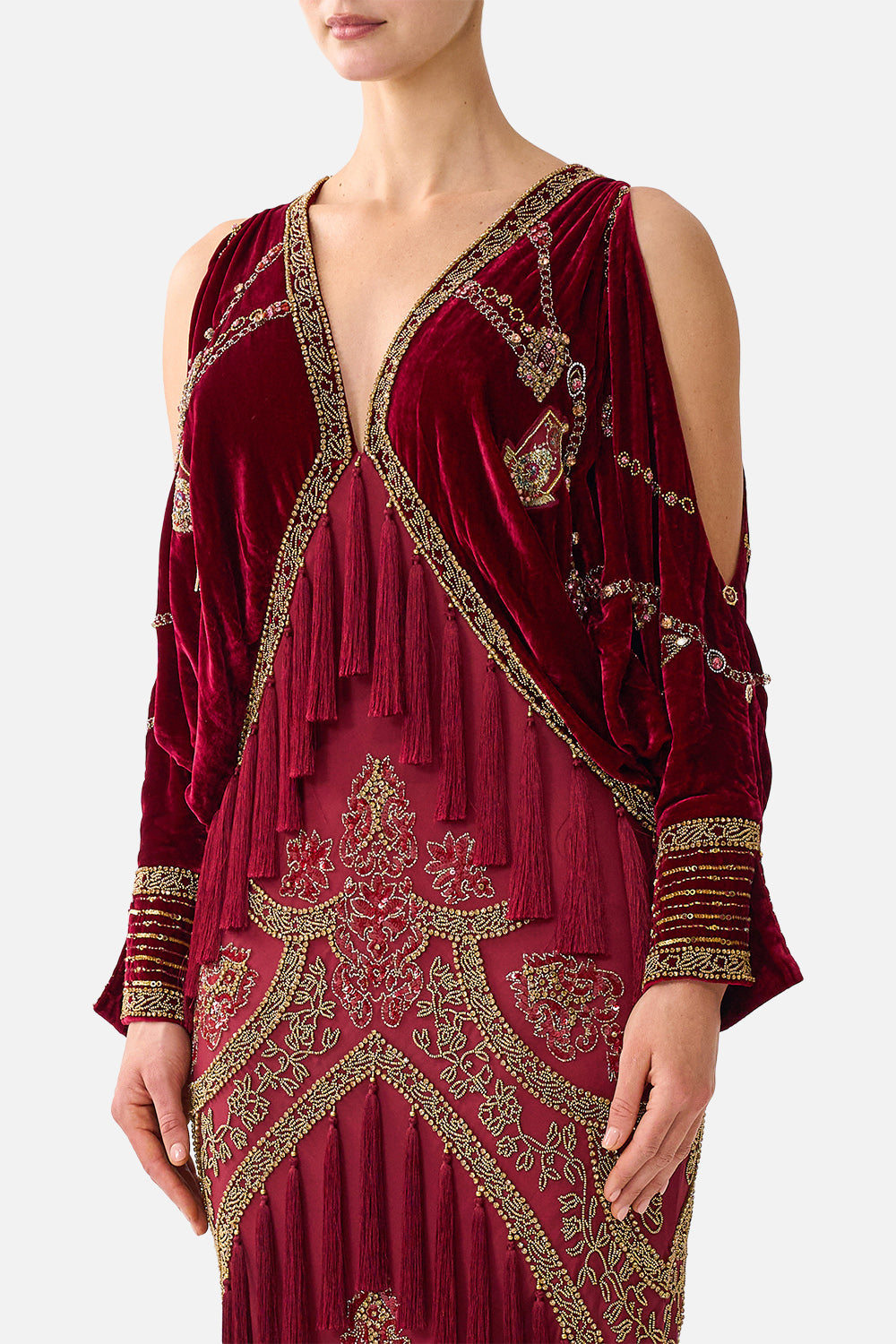 The CAMILLA Velvet Plunge Neck Draped Shoulder Dress in our Call Me a Carriage print, detail view on model.