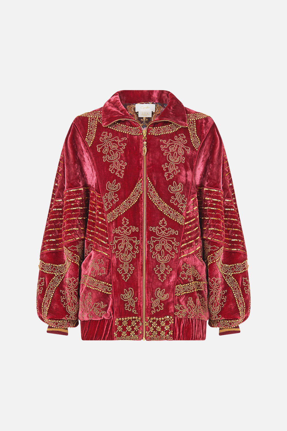 The CAMILLA Velvet Zip Front Panelled Sweater in our Call Me a Carriage print, front view.
