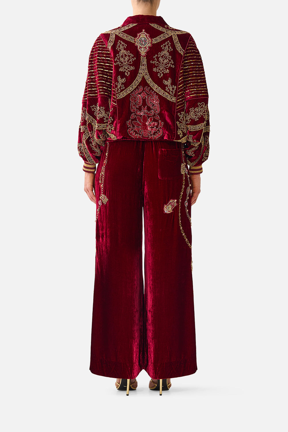 The CAMILLA Velvet Zip Front Panelled Sweater in our Call Me a Carriage print, back view on model.