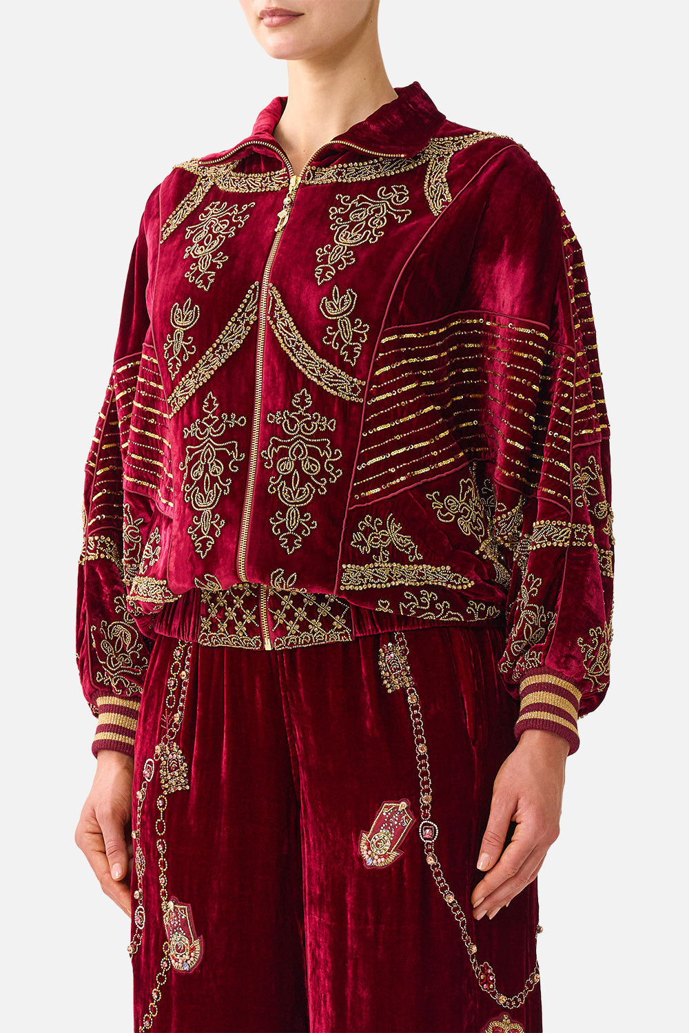 The CAMILLA Velvet Zip Front Panelled Sweater in our Call Me a Carriage print, detail view on model.