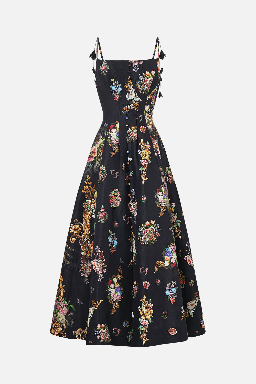 CORSET DRESS WITH LONG FLARED SKIRT NIGHT GARDEN