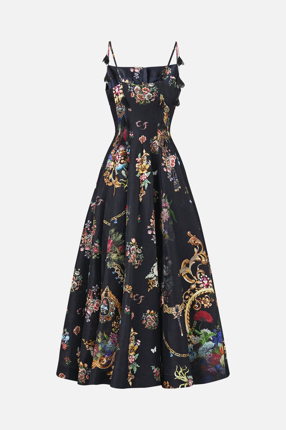 CORSET DRESS WITH LONG FLARED SKIRT NIGHT GARDEN