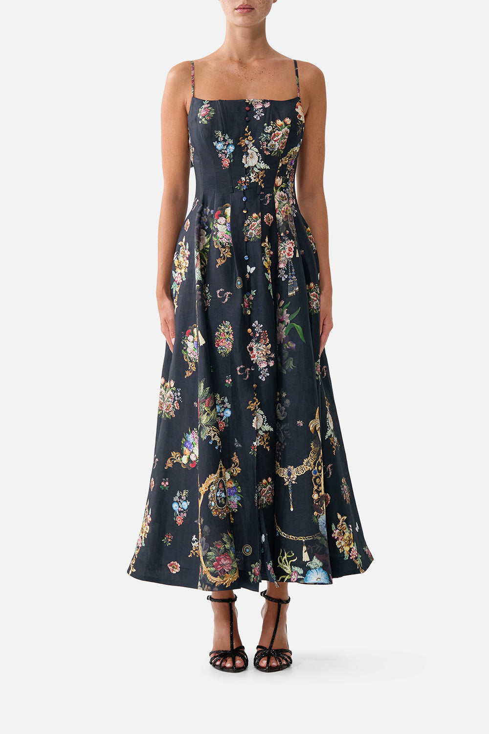 CORSET DRESS WITH LONG FLARED SKIRT NIGHT GARDEN