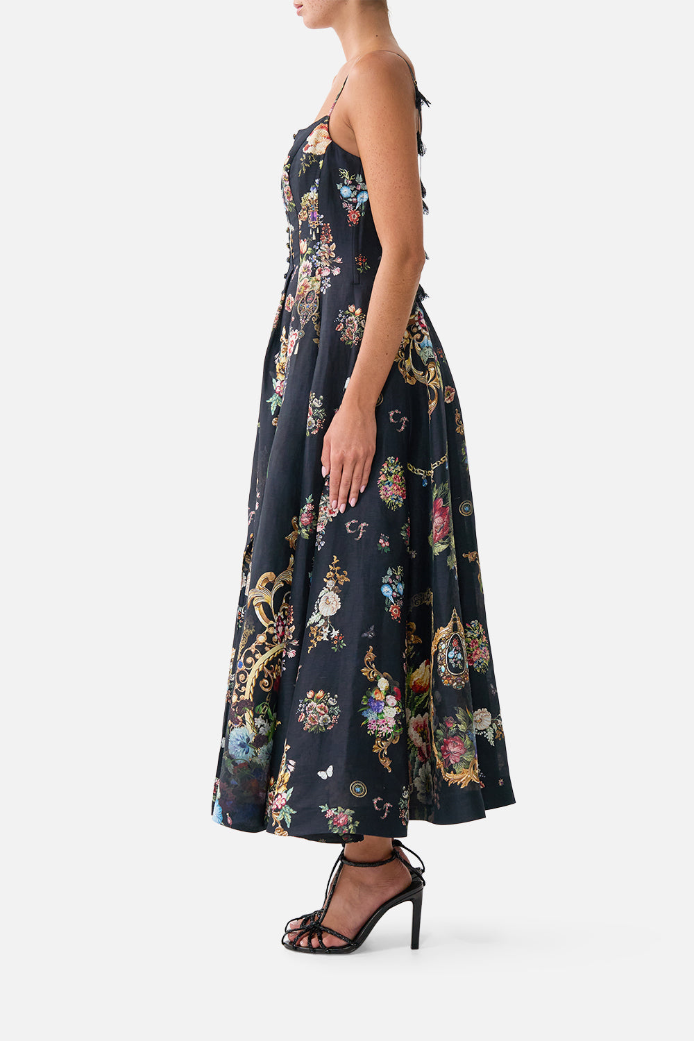 CORSET DRESS WITH LONG FLARED SKIRT NIGHT GARDEN