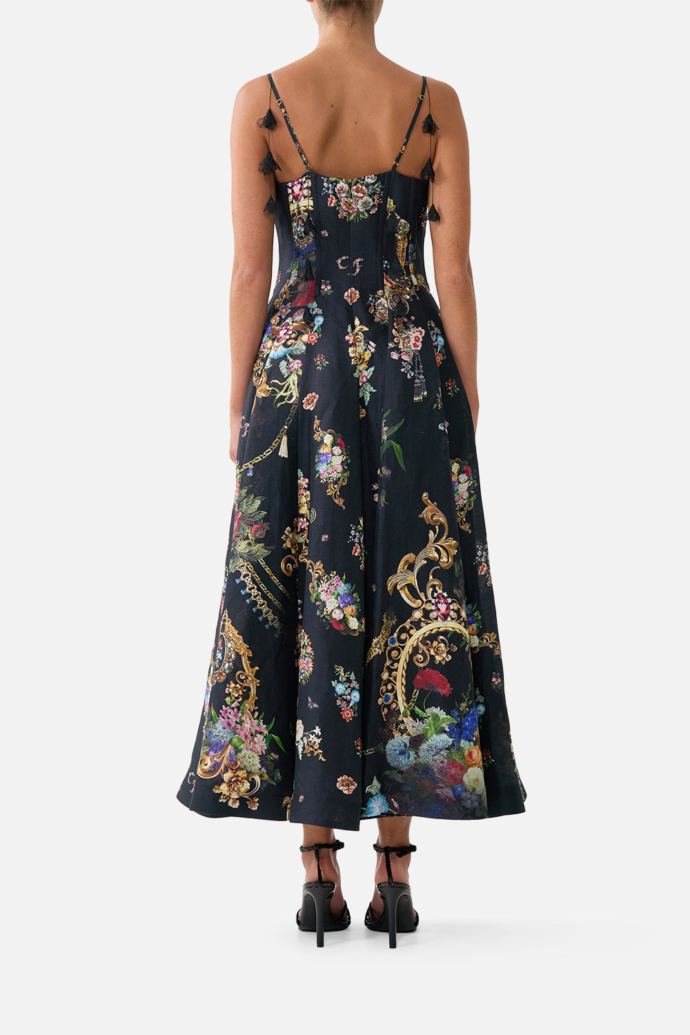 CORSET DRESS WITH LONG FLARED SKIRT NIGHT GARDEN