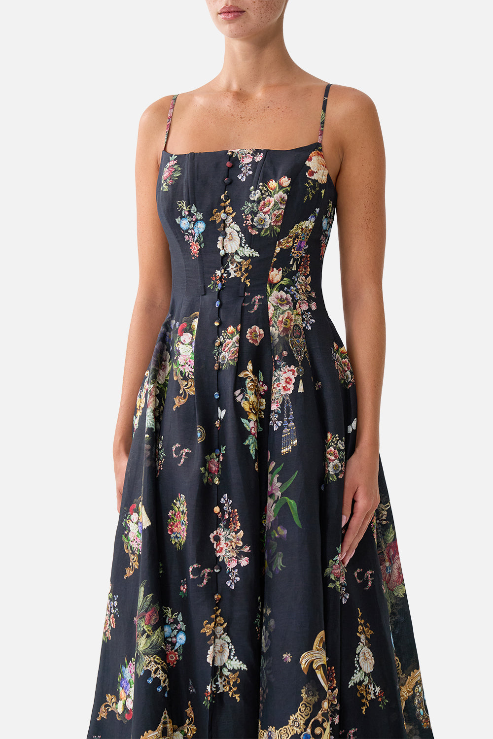 CORSET DRESS WITH LONG FLARED SKIRT NIGHT GARDEN