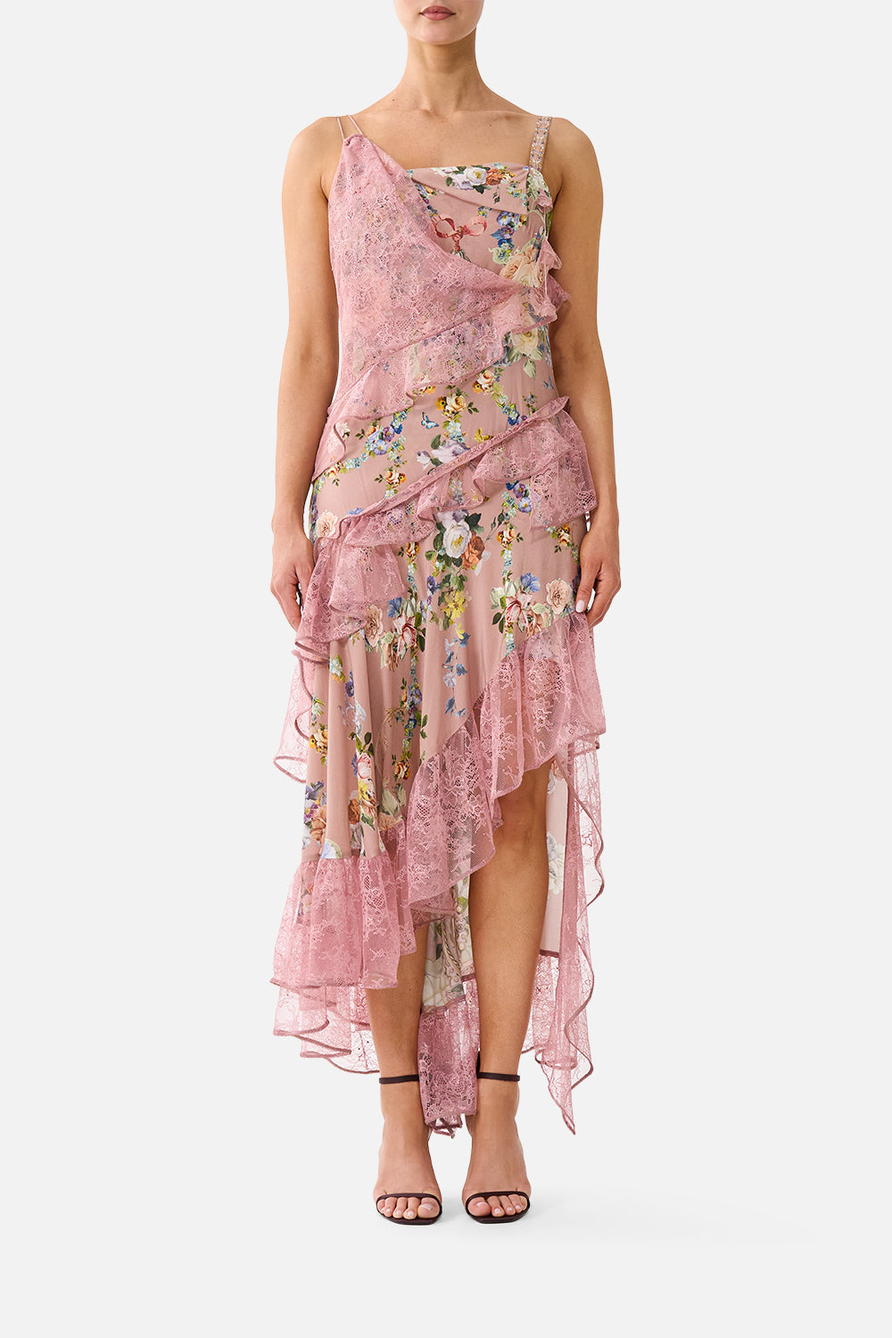 ASYMMETRIC MULTI FRILL DRESS CHAMBER OF BLOOMS