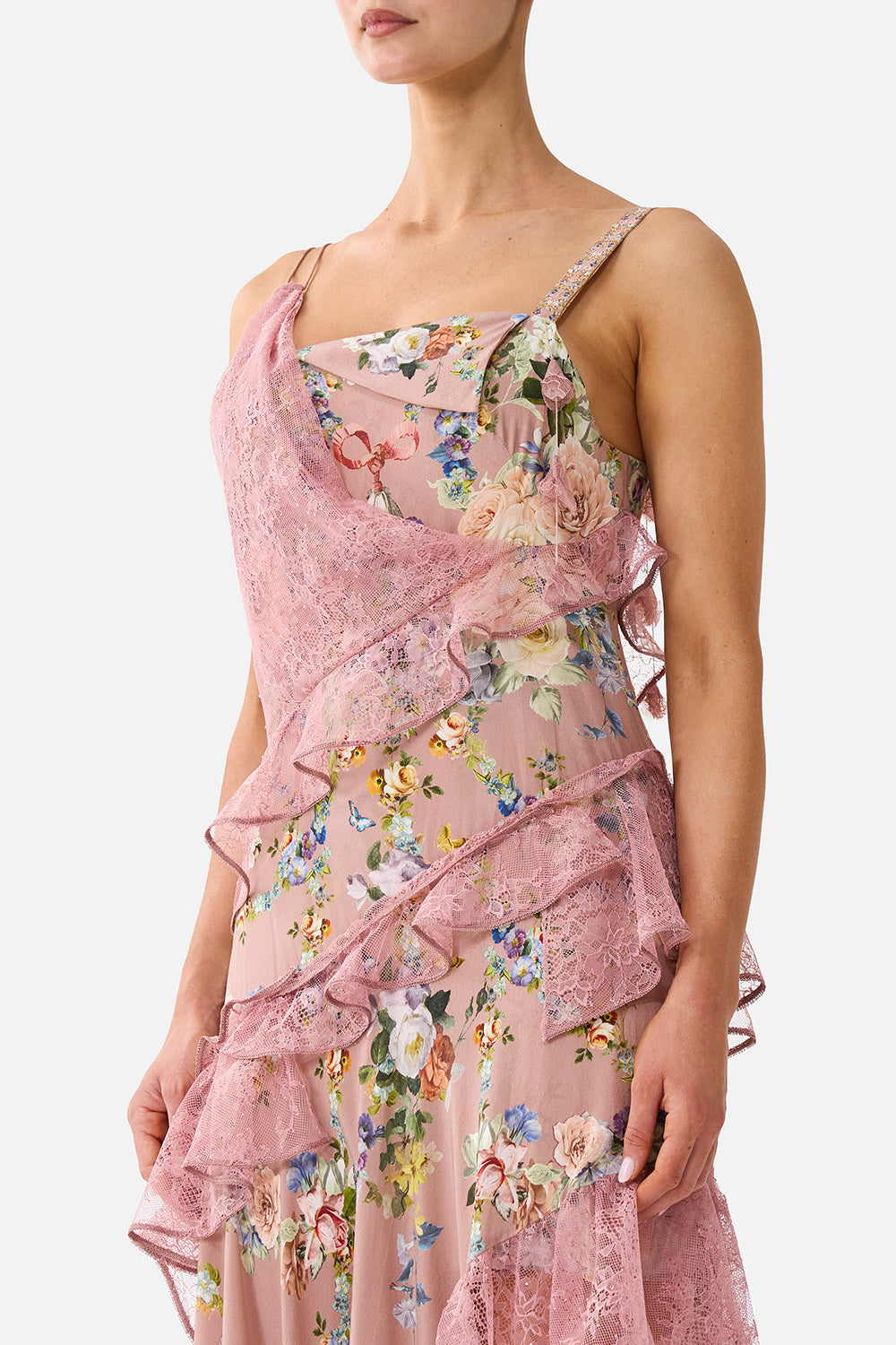 ASYMMETRIC MULTI FRILL DRESS CHAMBER OF BLOOMS