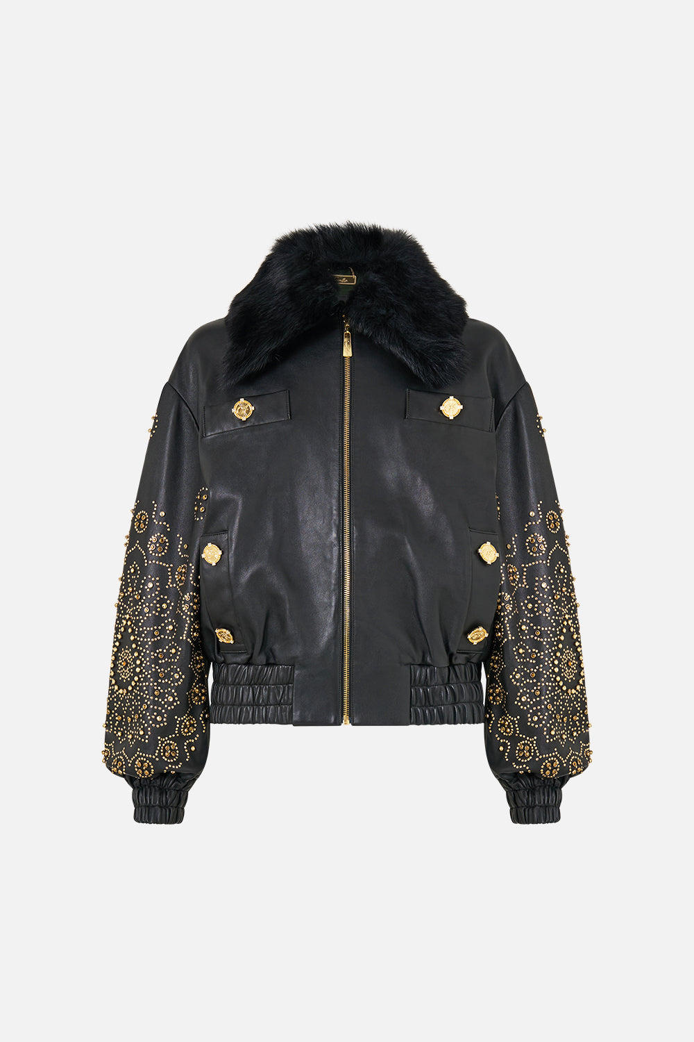 The CAMILLA Leather Bomber with Pocket Details in our The Secession Sessions print, front view.