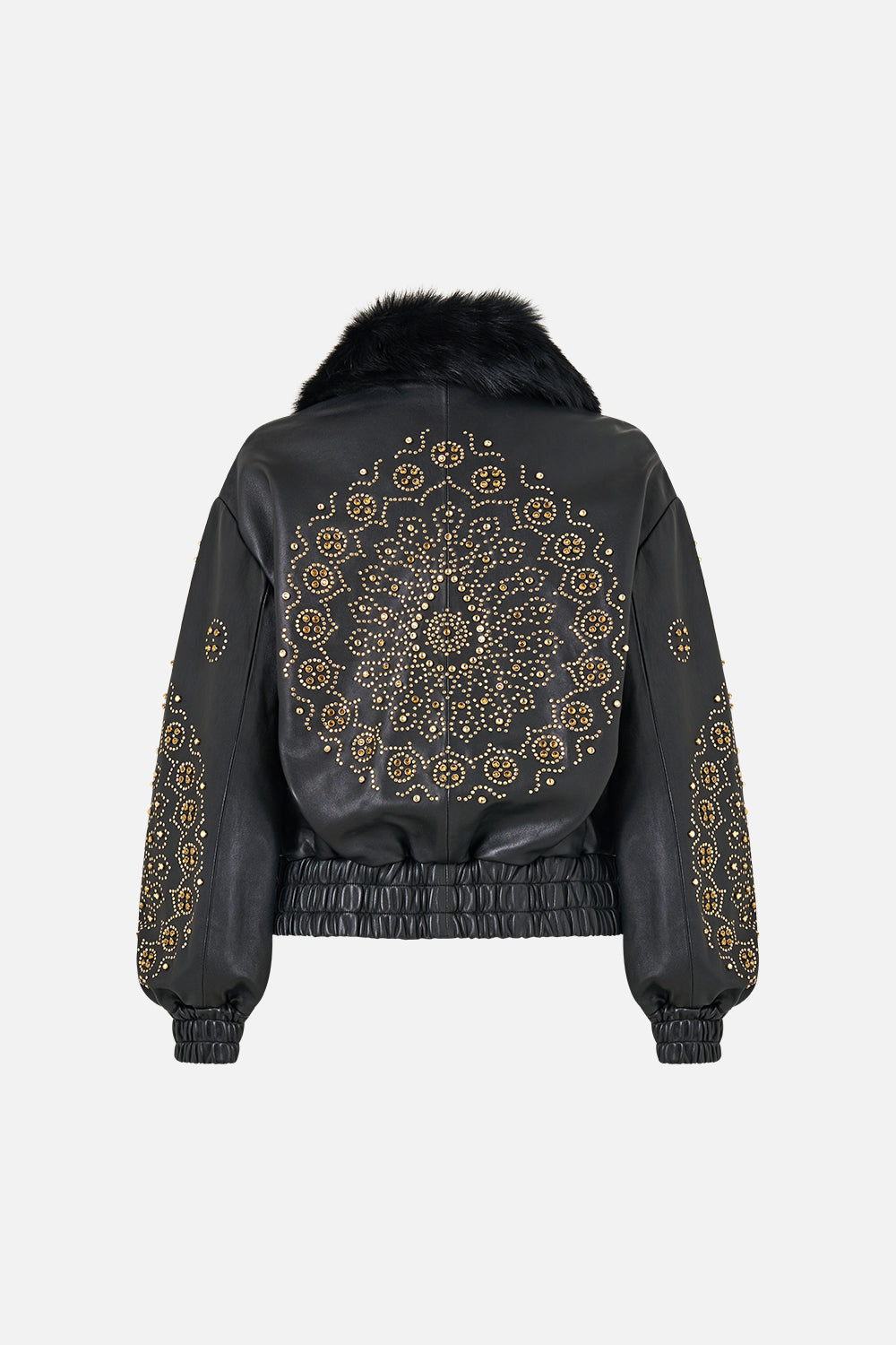 The CAMILLA Leather Bomber with Pocket Details in our The Secession Sessions print, back view.