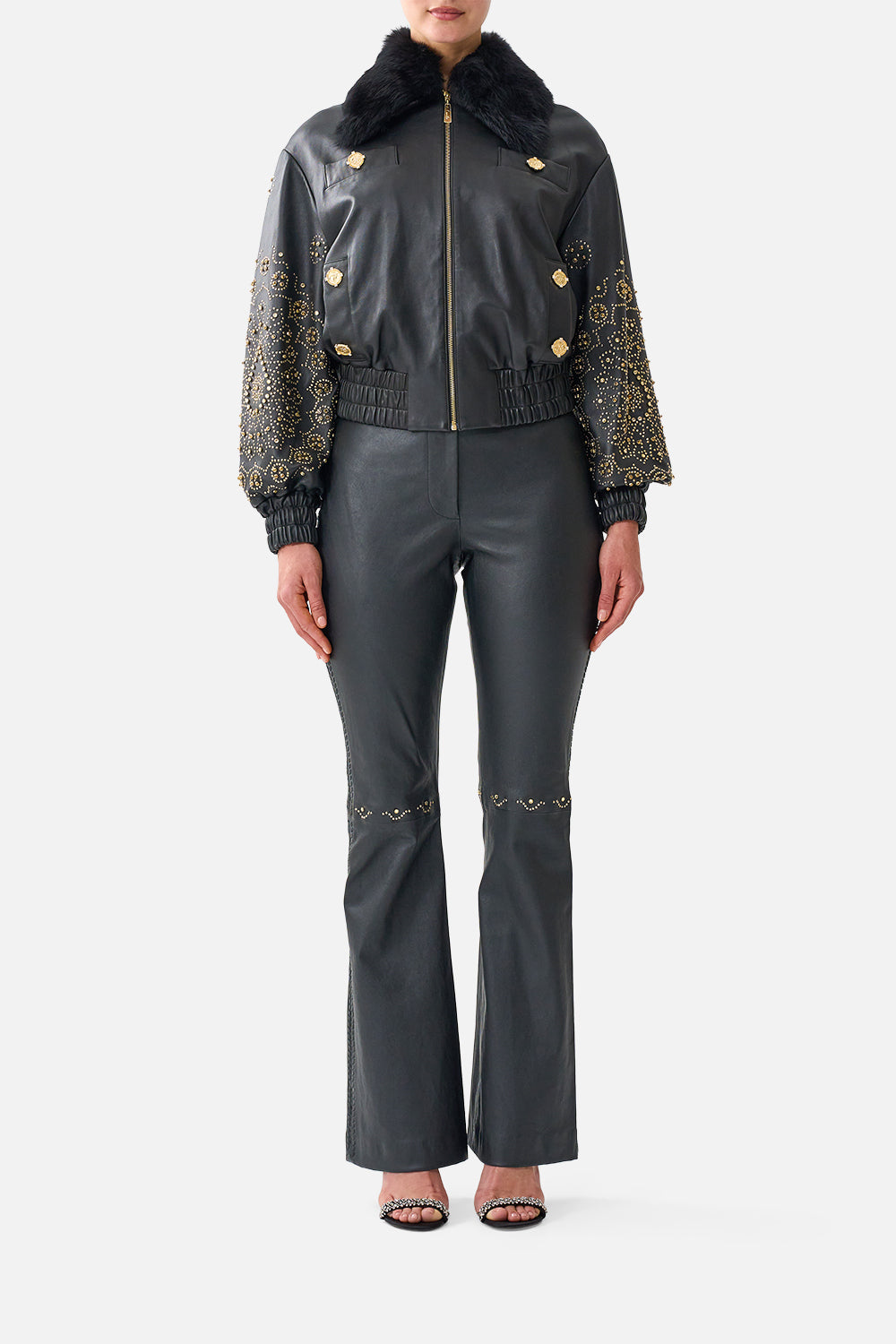 The CAMILLA Leather Bomber with Pocket Details in our The Secession Sessions print, front view on model.