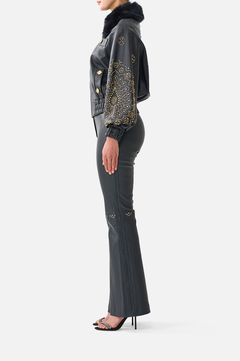 The CAMILLA Leather Bomber with Pocket Details in our The Secession Sessions print, side view on model.