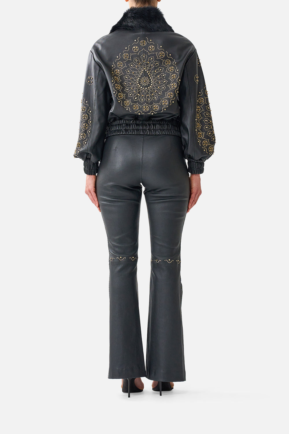 The CAMILLA Leather Bomber with Pocket Details in our The Secession Sessions print, back view on model.