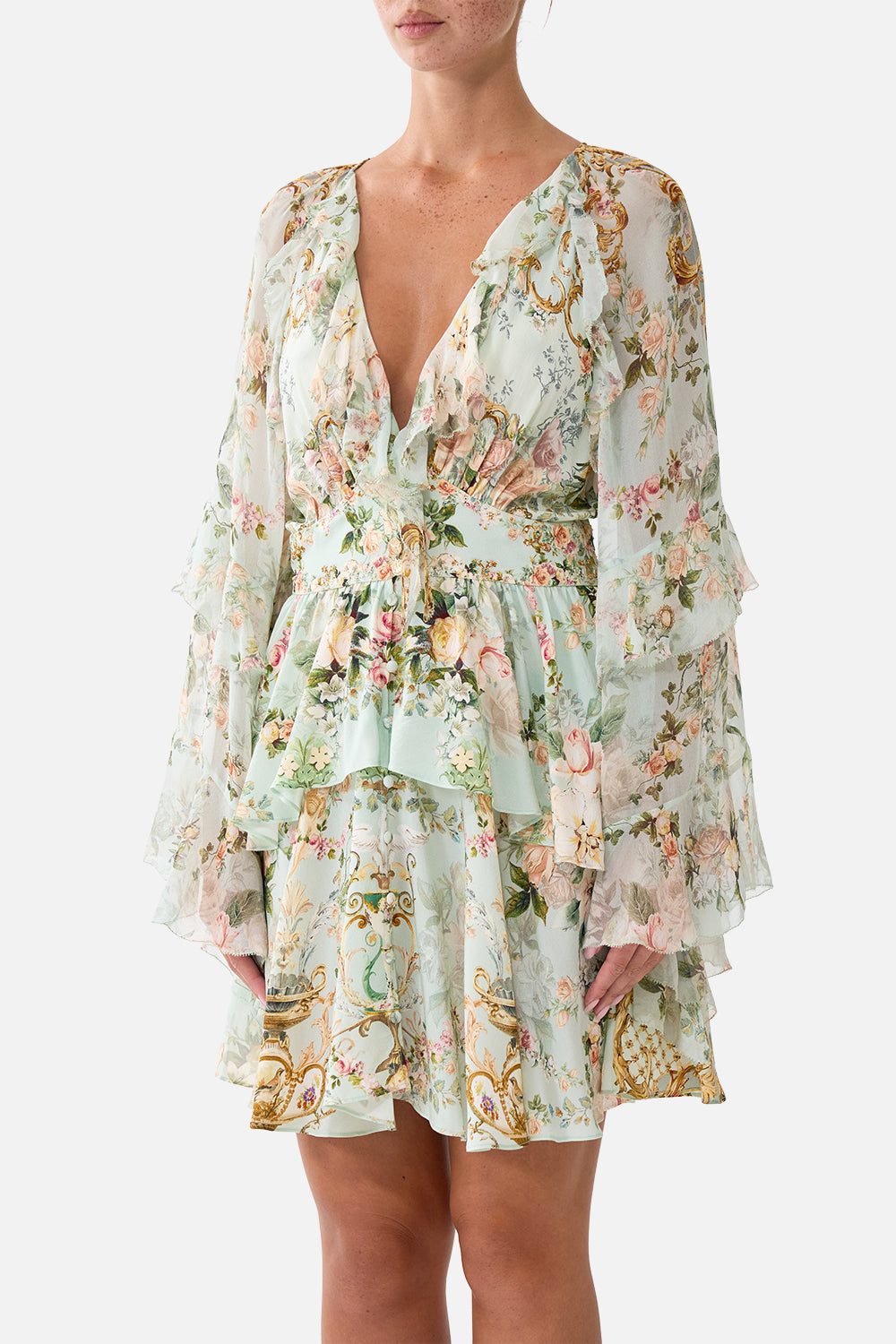 SHORT WAISTBAND DRESS WITH RUFFLE SLEEVE WILDFLOWER WUNDERLAND