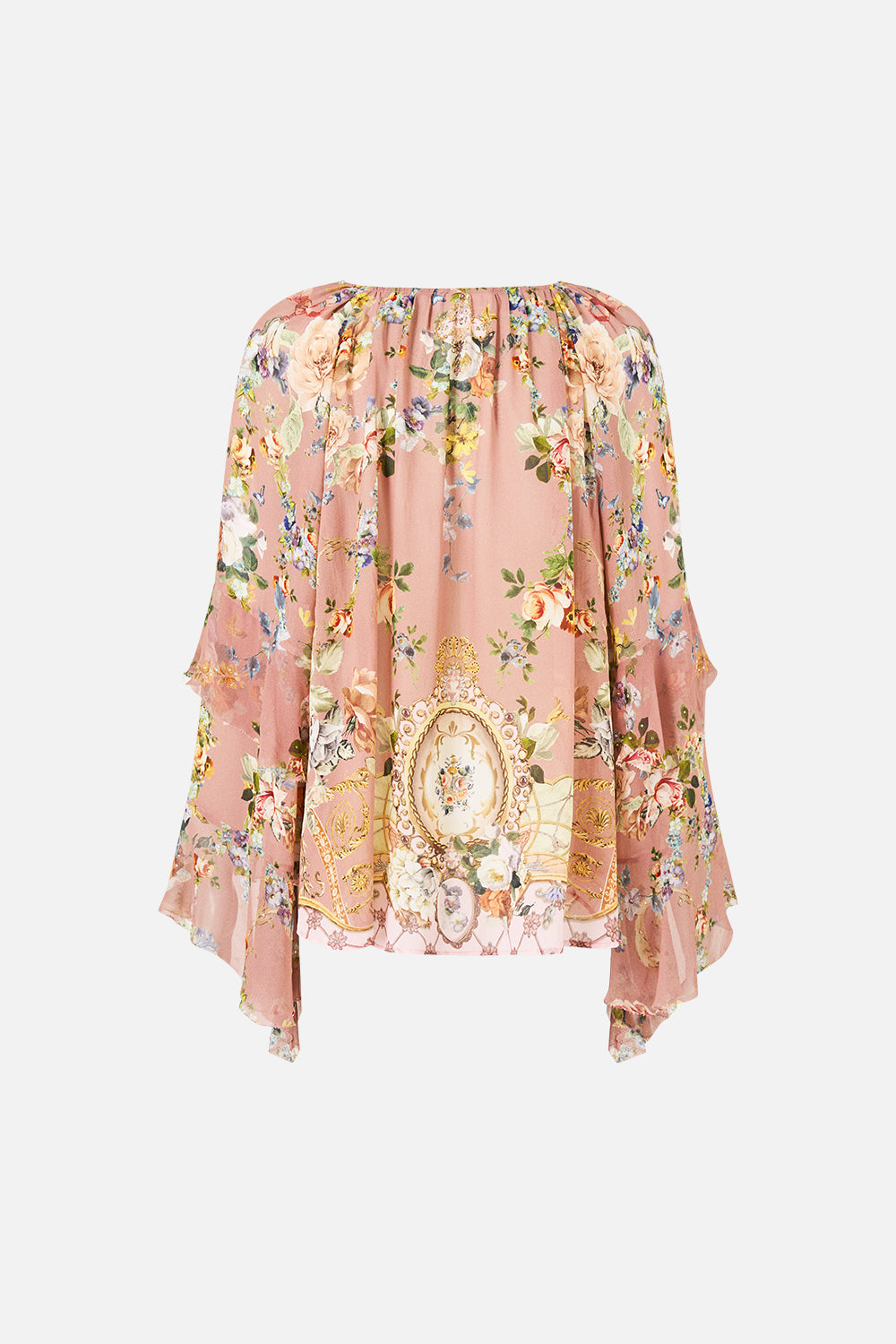 LACE UP V NECK BLOUSE WITH CASCADE RUFFLES CHAMBER OF BLOOMS