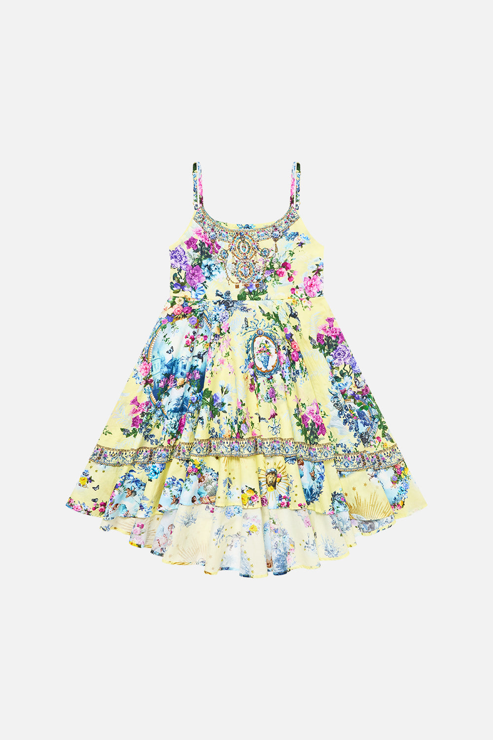 The CAMILLA Kids Round Neck Layered High Low Dress Chinoiserie Child in our Chinoiserie Child print.