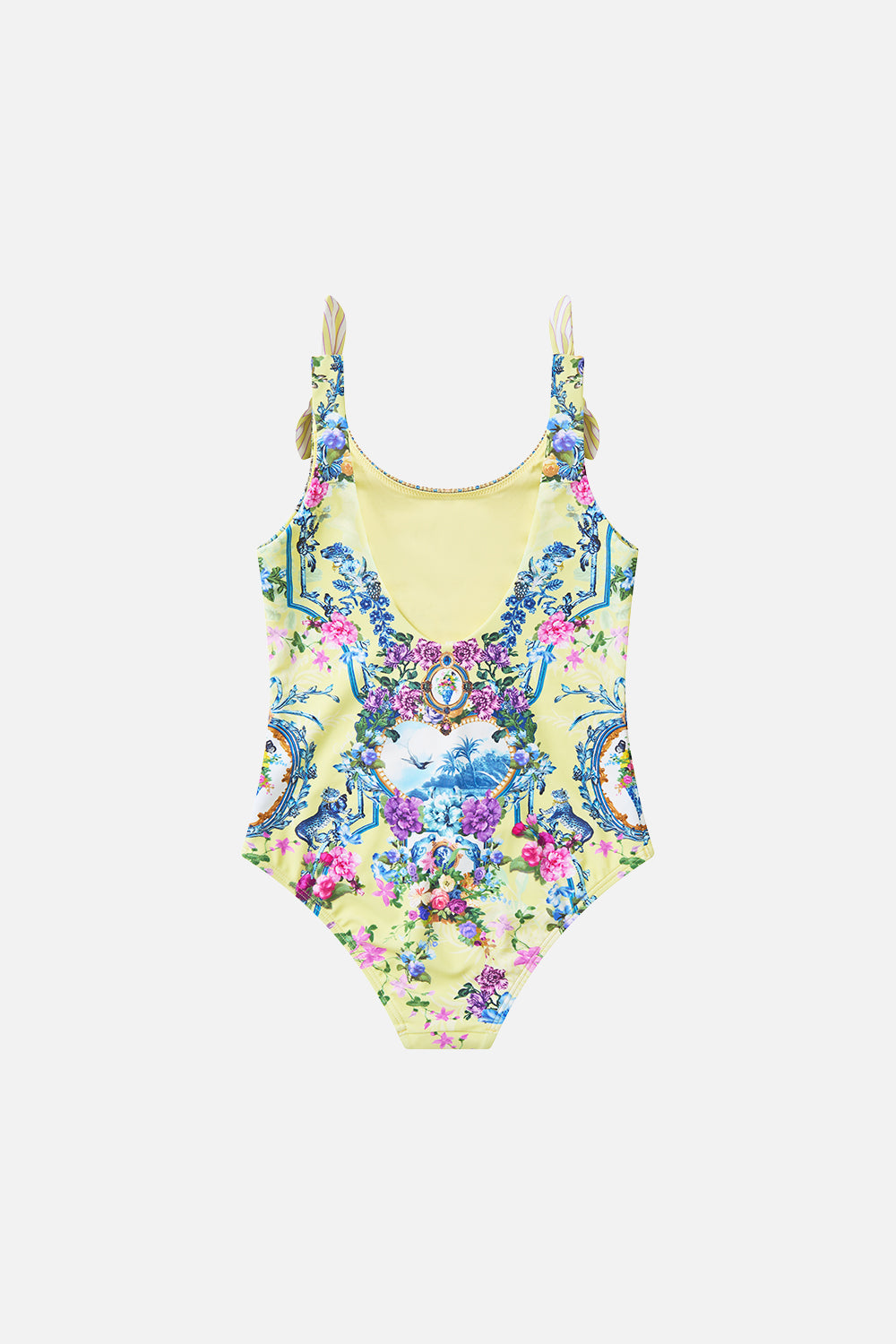 The CAMILLA Kids Round Neck Tie Shoulder One Piece Chinoiserie Child in our Chinoiserie Child print.