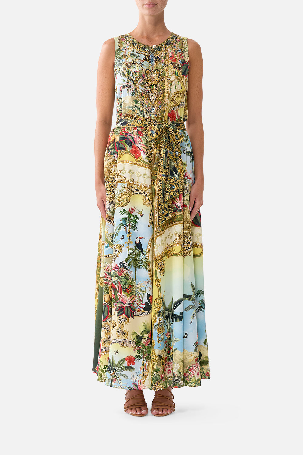 The CAMILLA Flared Jumpsuit in our Wanderlust Empire print, front view on model.
