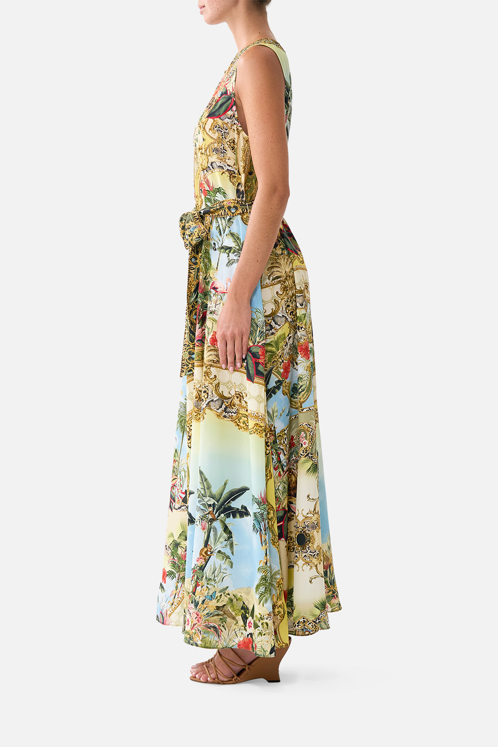 The CAMILLA Flared Jumpsuit in our Wanderlust Empire print, back view on model.
