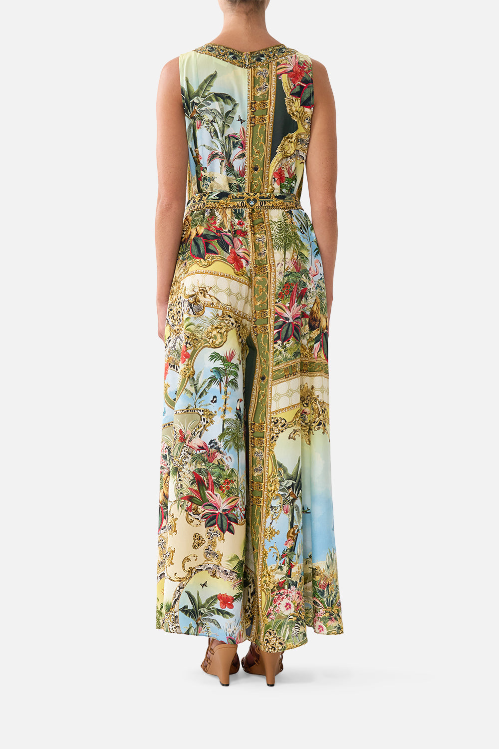 The CAMILLA Flared Jumpsuit in our Wanderlust Empire print, detail view on model.