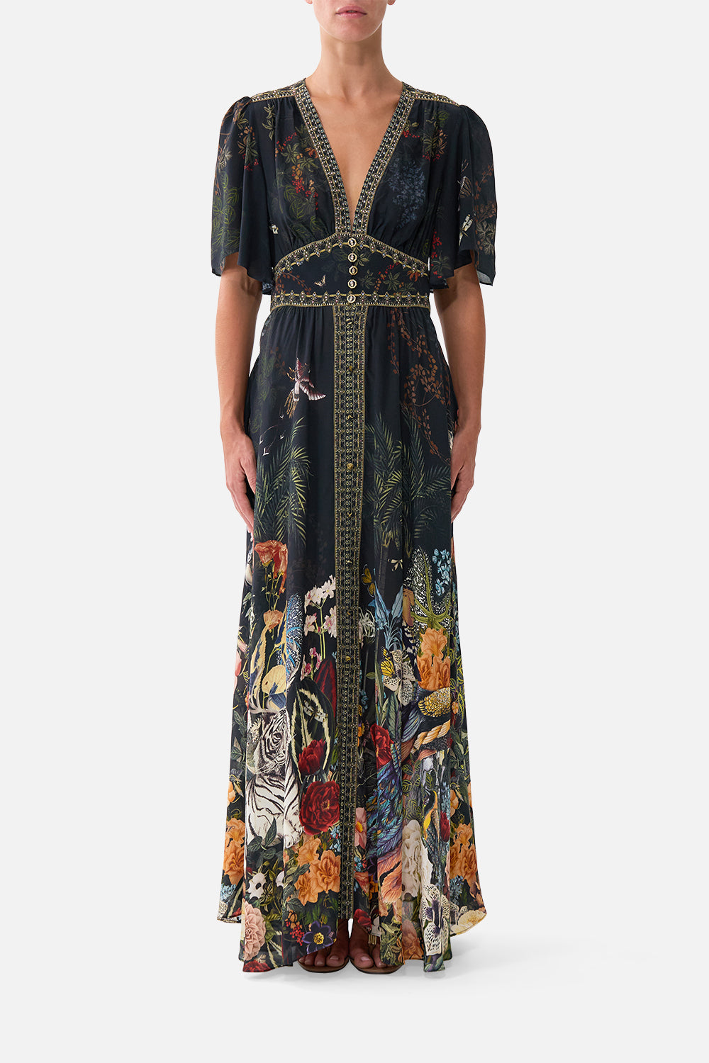 The CAMILLA Shaped Waistband Dress With Flutter Sleeves Palace Zoology in our Palace Zoology print.