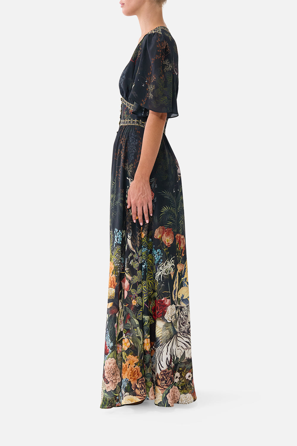 The CAMILLA Shaped Waistband Dress With Flutter Sleeves Palace Zoology in our Palace Zoology print.
