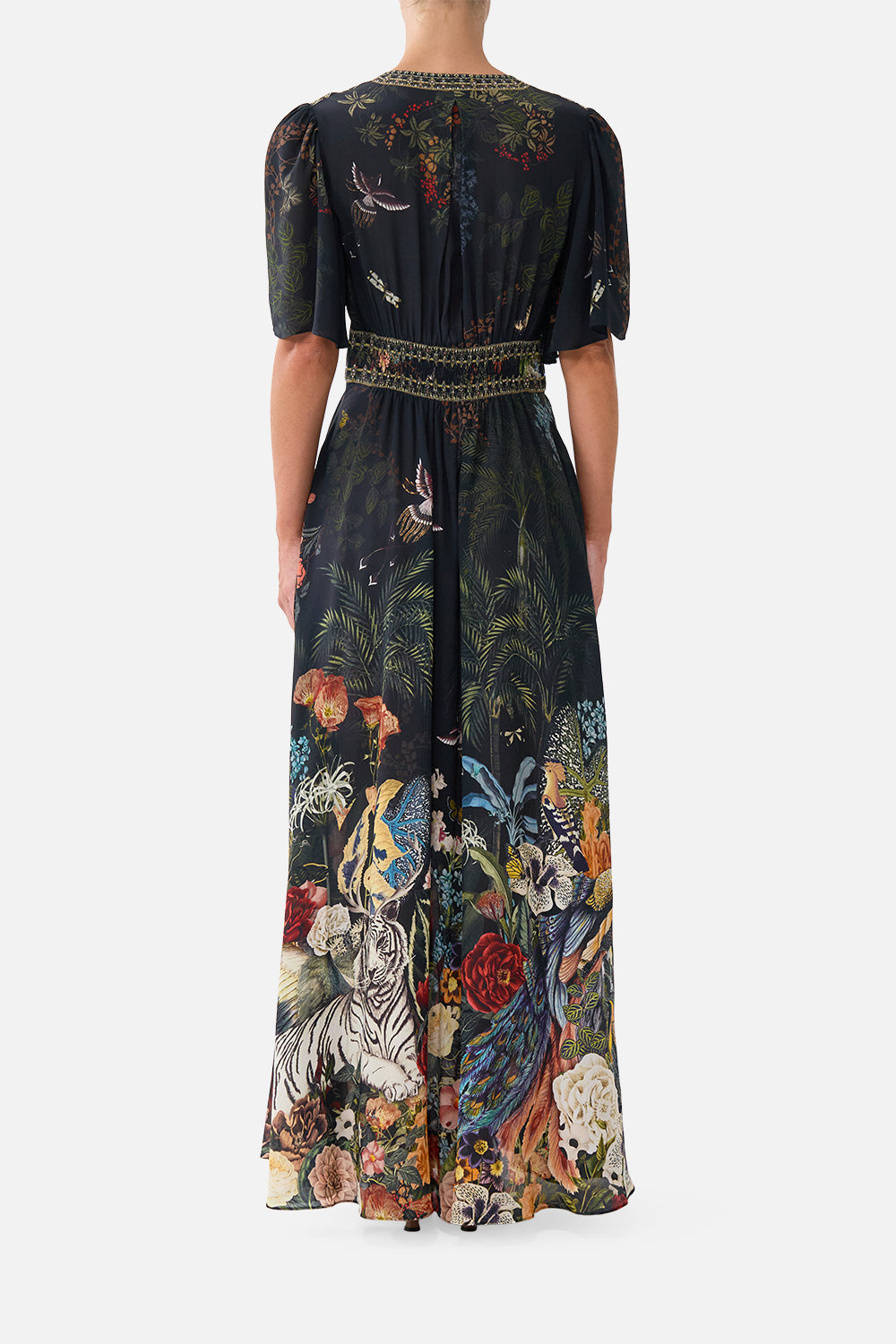 The CAMILLA Shaped Waistband Dress With Flutter Sleeves Palace Zoology in our Palace Zoology print.