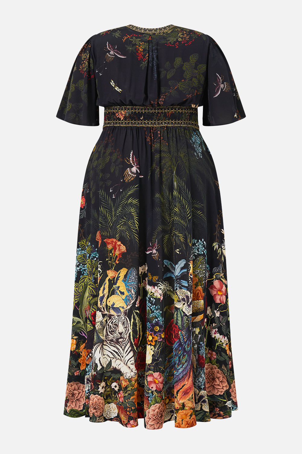 The CAMILLA Shaped Waistband Dress With Flutter Sleeves Palace Zoology in our Palace Zoology print.