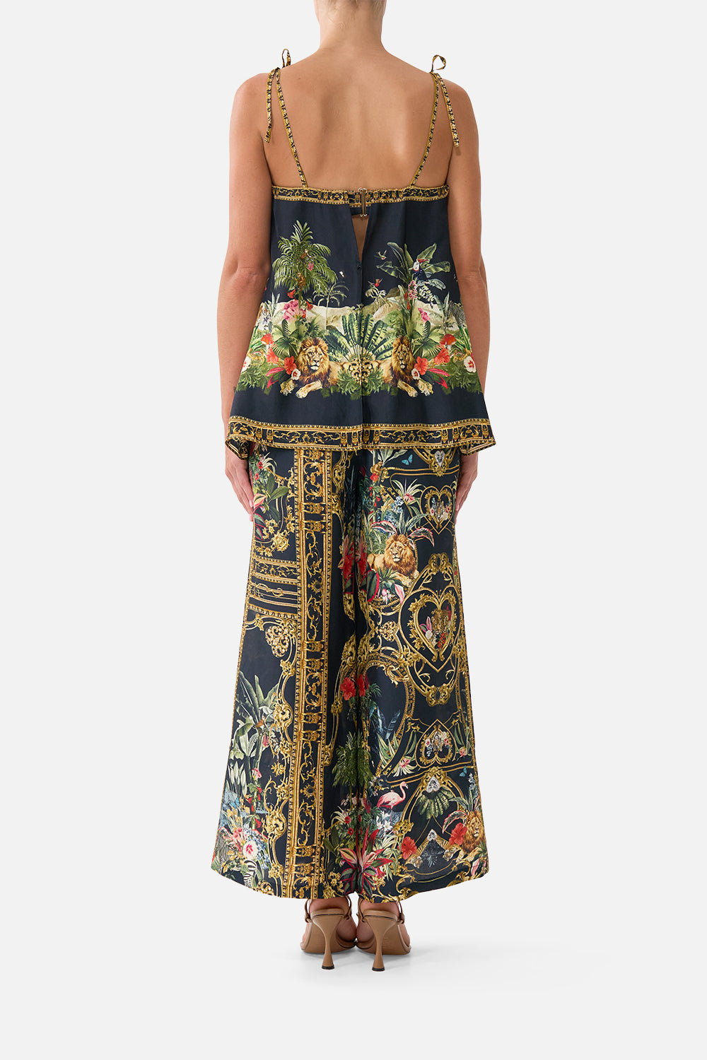 The CAMILLA Cropped Wide Leg Panel Pant in our Palace Zoology print, back view on model.