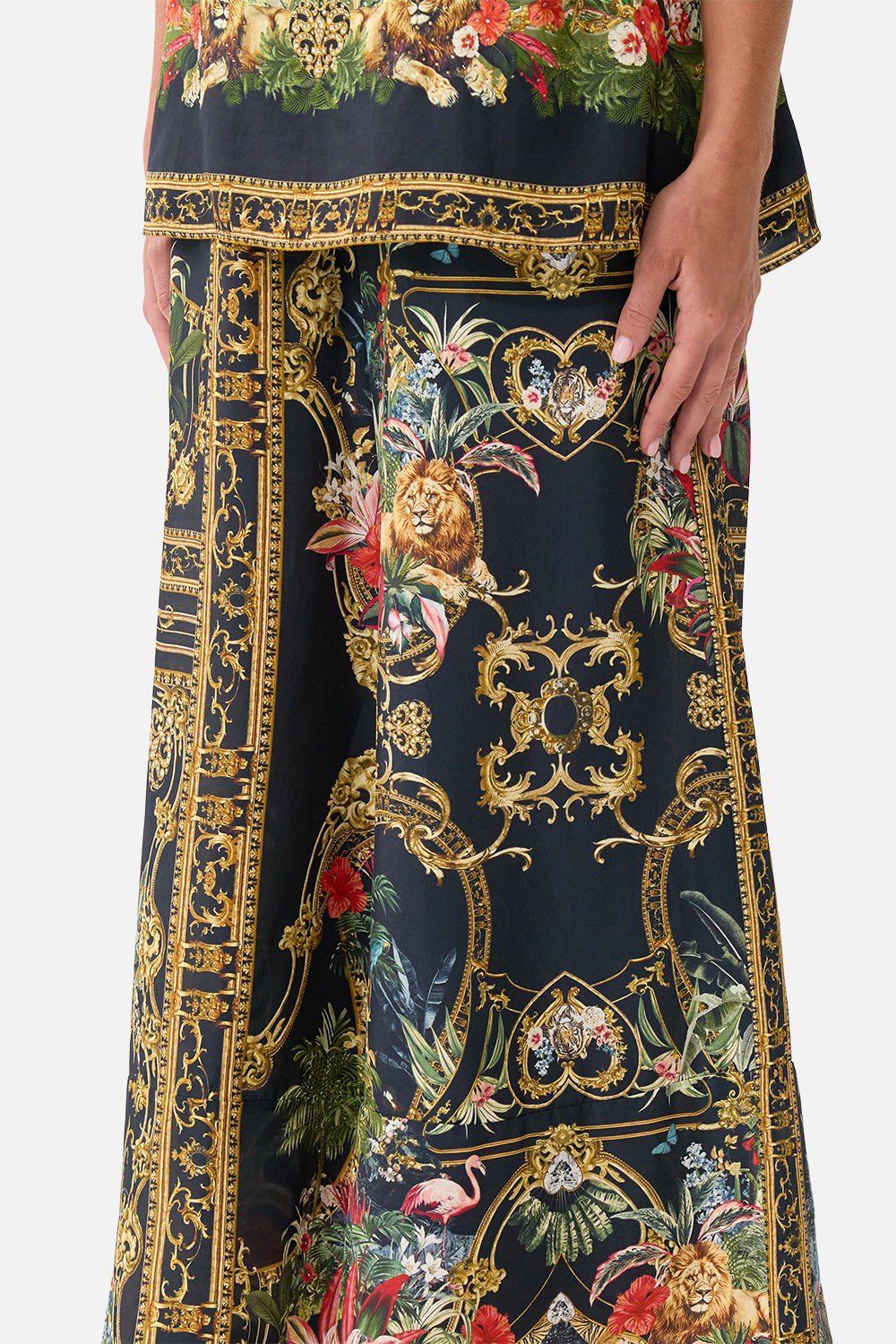 The CAMILLA Cropped Wide Leg Panel Pant in our Palace Zoology print, detail view on model.