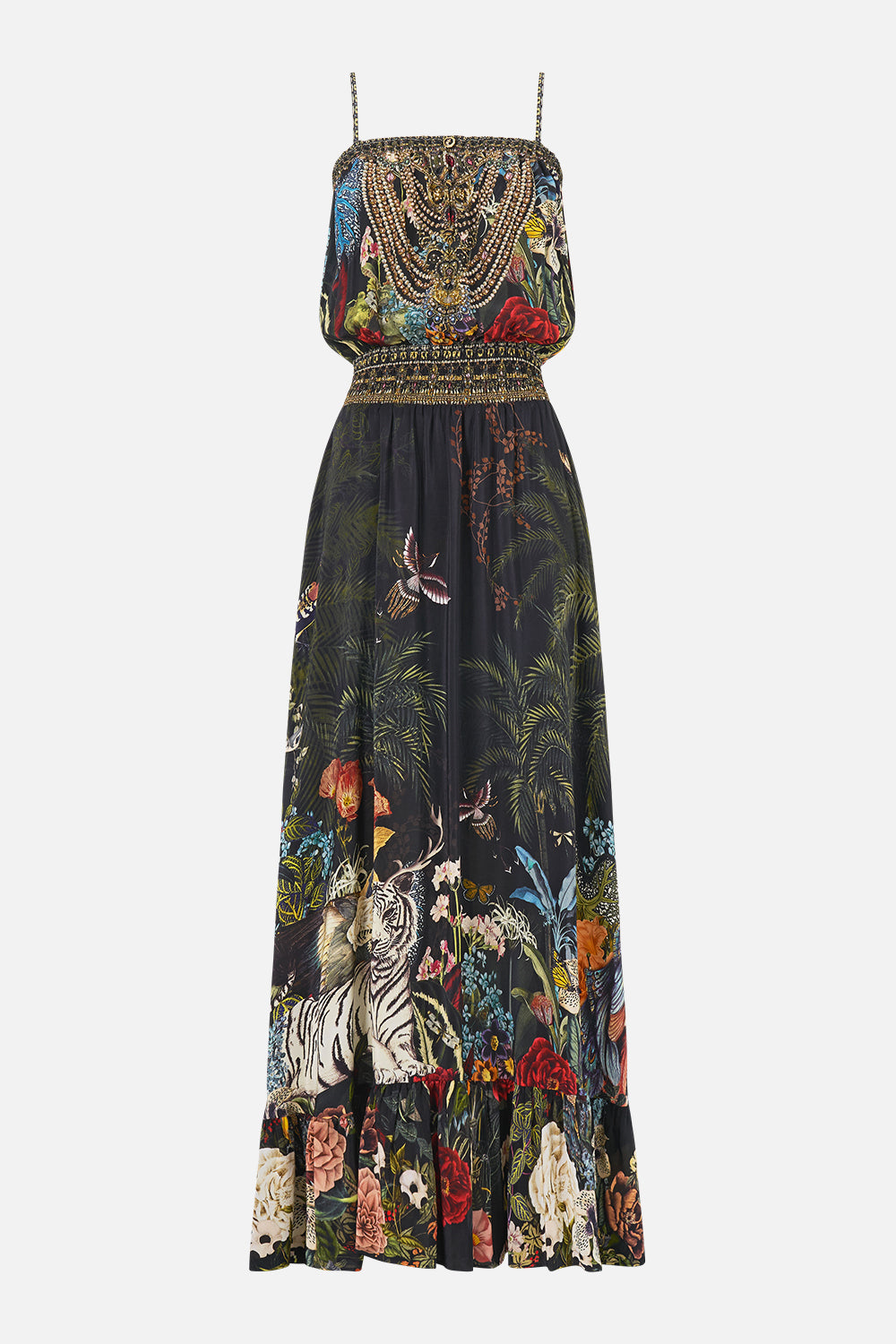 The CAMILLA Shirred Waist Long Dress in our Palace Zoology print, front view.