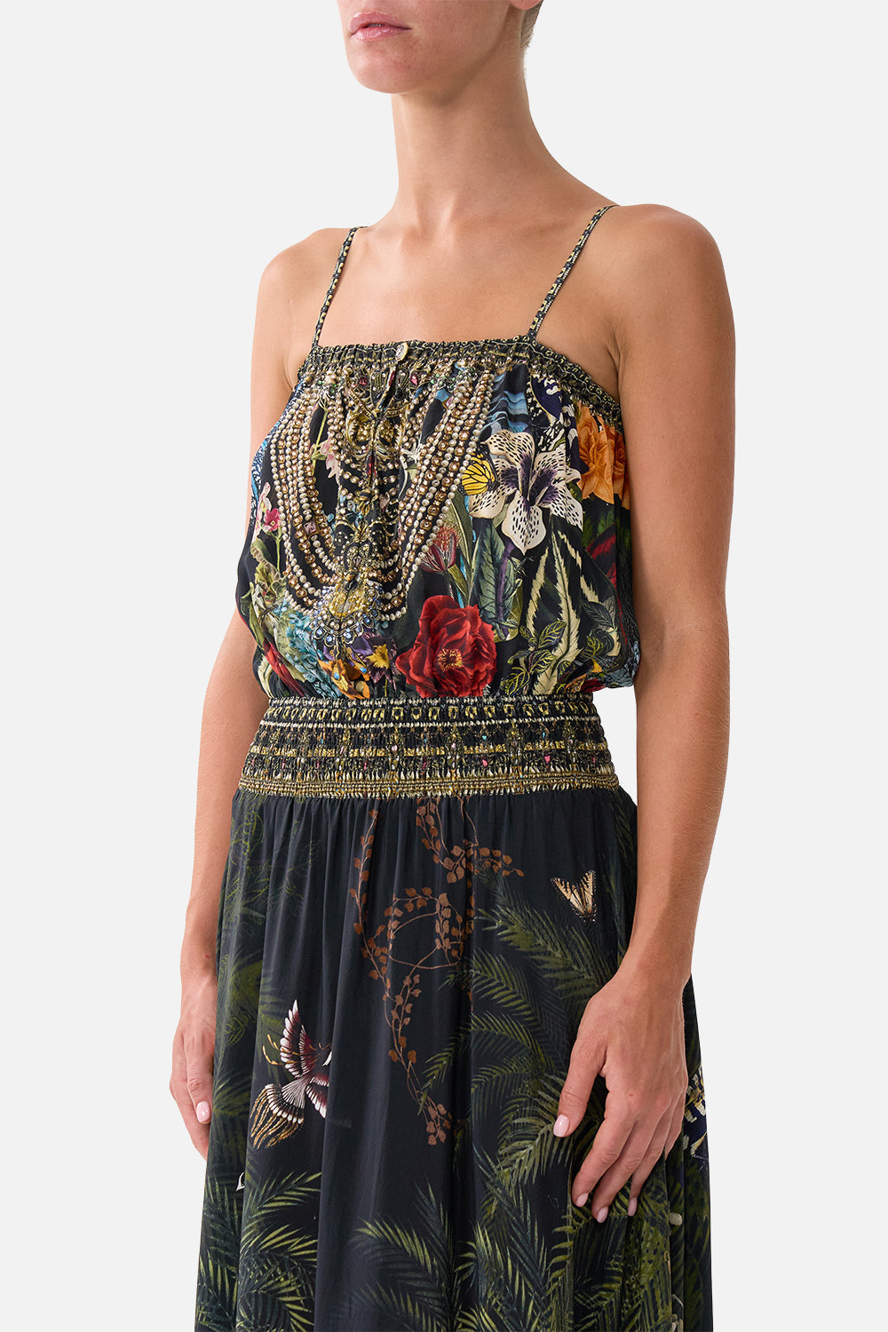 The CAMILLA Shirred Waist Long Dress in our Palace Zoology print, detail view on model.