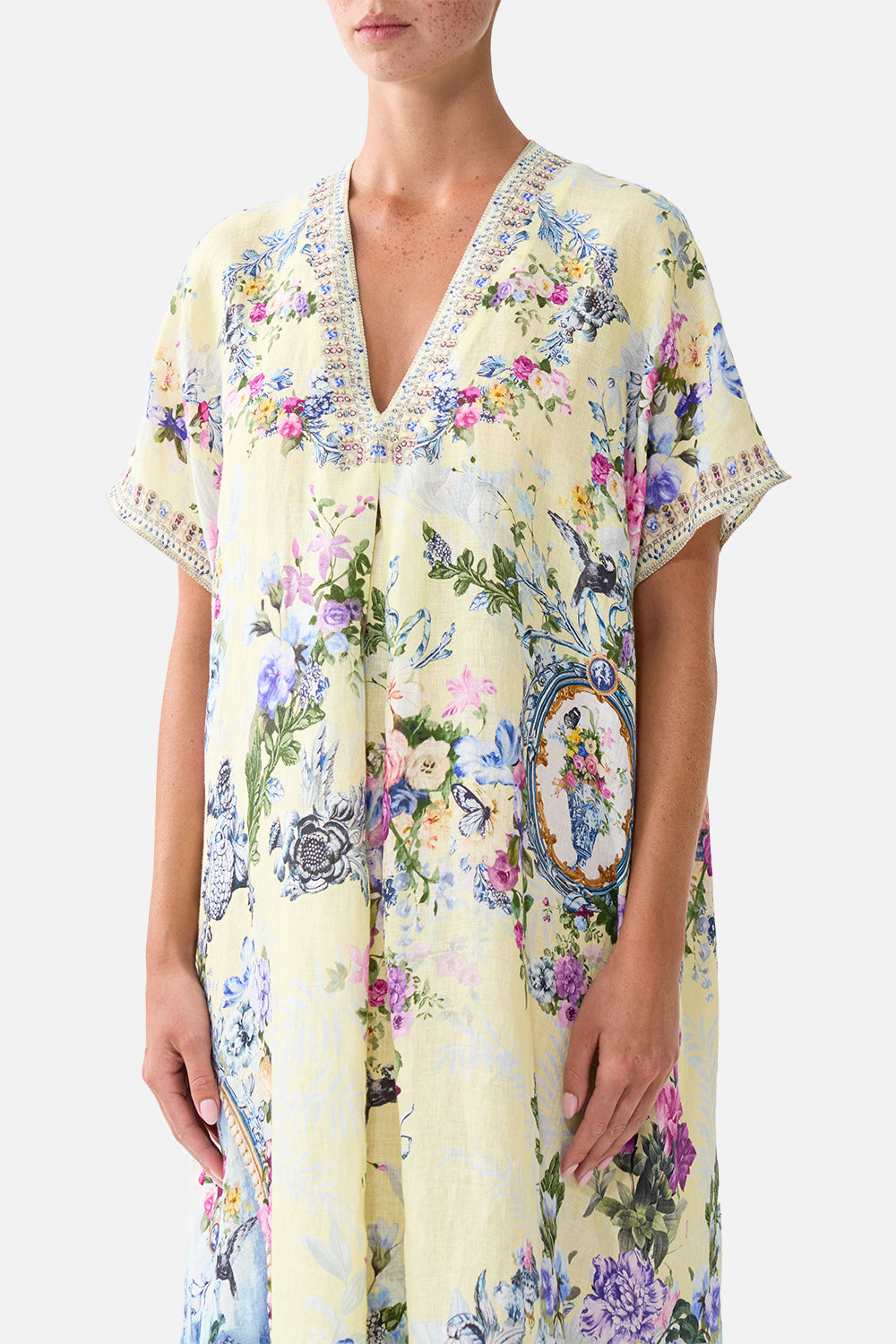 The CAMILLA Front Pleat Kaftan in our Chinoiserie Child print, detail view on model.