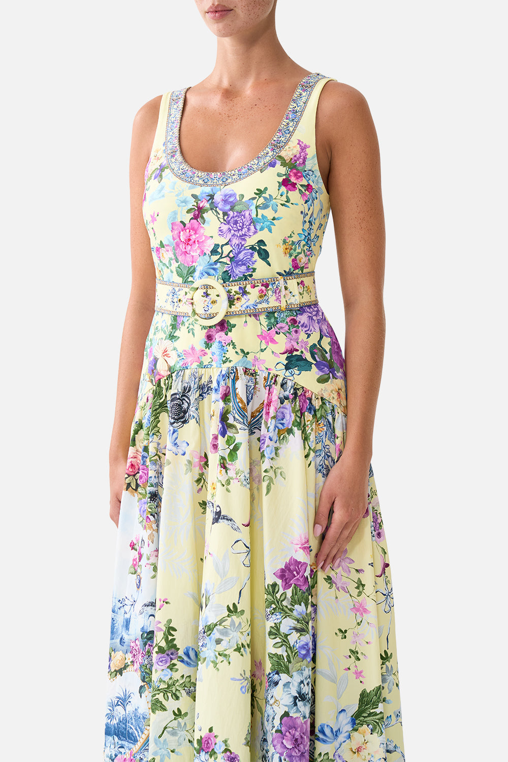 The CAMILLA Jersey Tank Dress With Contrast Skirt Chinoiserie Child in our Chinoiserie Child print.