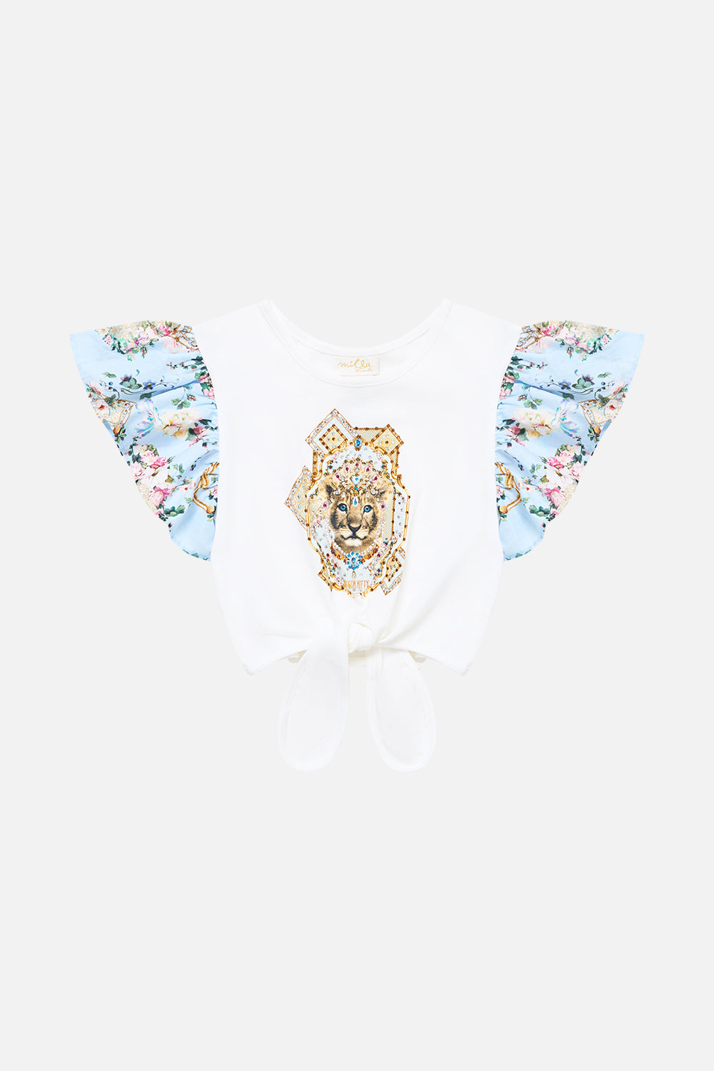 The CAMILLA Kids Tie Front Crop Tee W/ Frill Sleeve Sisi Society in our Sisi Society print.