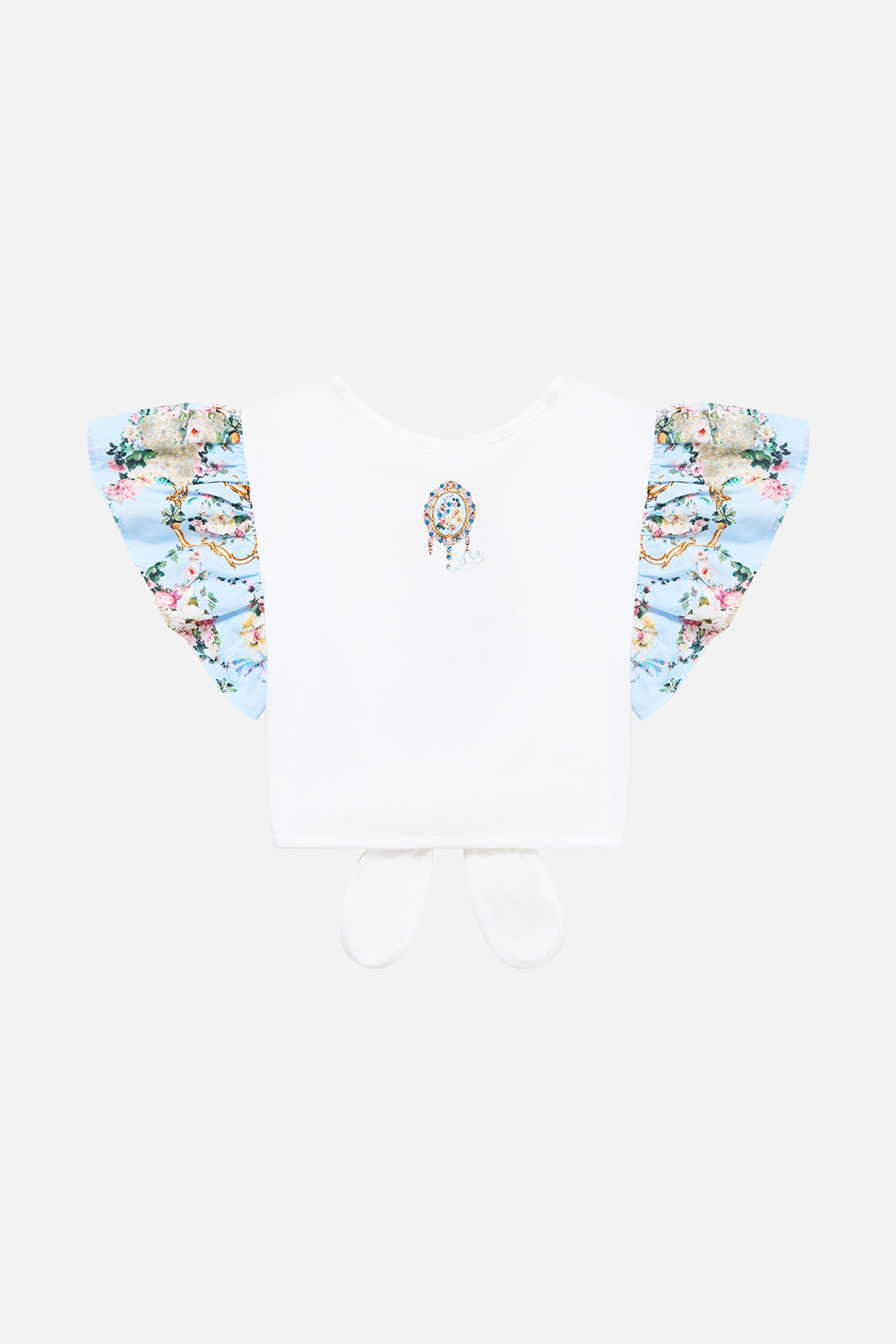 The CAMILLA Kids Tie Front Crop Tee W/ Frill Sleeve Sisi Society in our Sisi Society print.