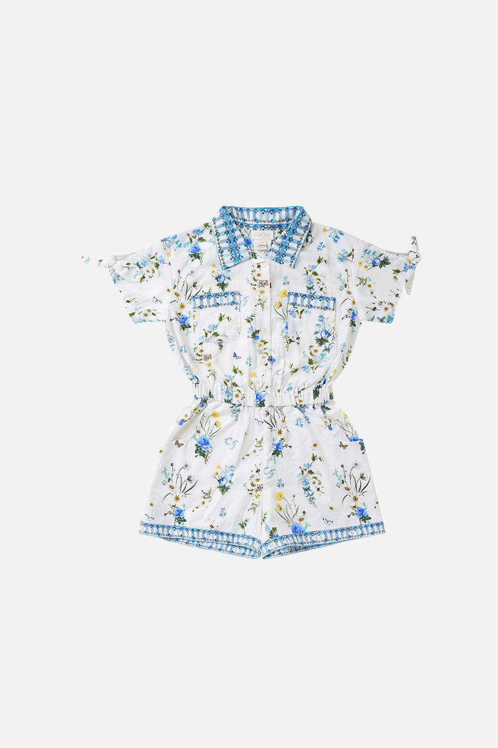 KIDS SHIRT PLAYSUIT W SHORT TIE SLEEVE DANDELION SKIES
