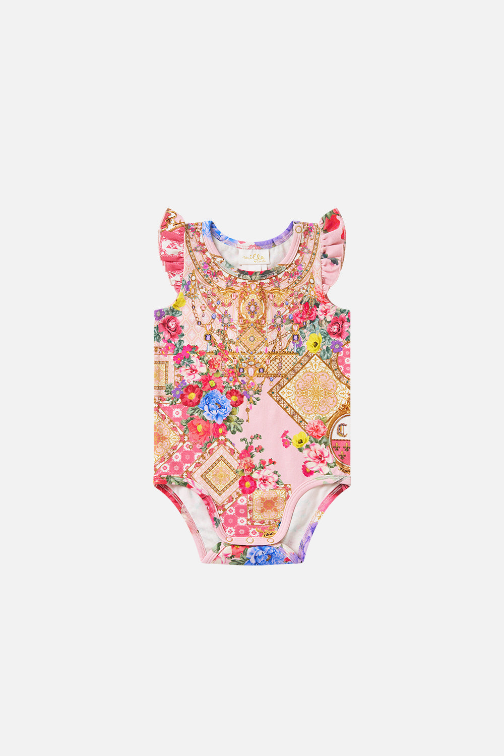 The CAMILLA Babies Bodysuit W/ Frill Shoulder She's No Wallflower in our She's No Wallflower print.