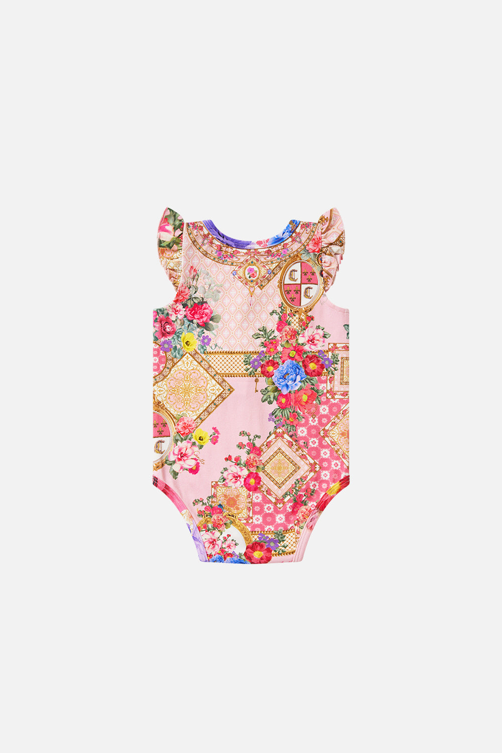 The CAMILLA Babies Bodysuit W/ Frill Shoulder She's No Wallflower in our She's No Wallflower print.