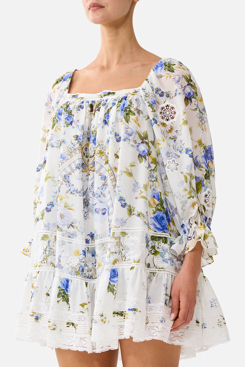 SQUARE NECK SHORT DRESS WITH PINTUCKS DANDELION SKIES