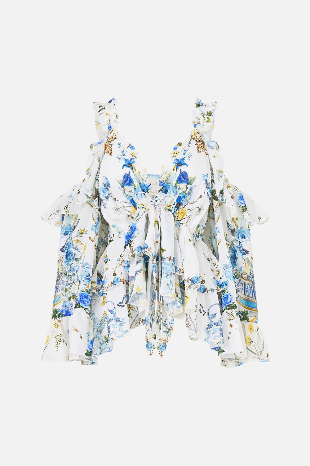 The CAMILLA CORSET DRESS WITH LONG FLARED SKIRT CHAMBER OF BLOOMS in our  print.