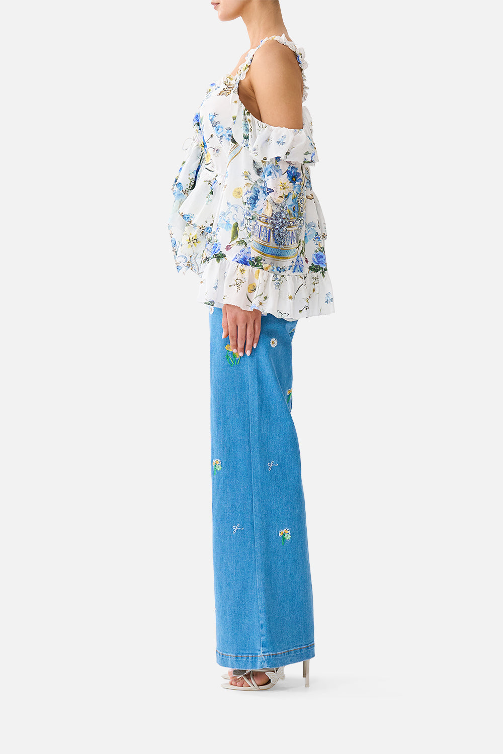 The CAMILLA CORSET DRESS WITH LONG FLARED SKIRT CHAMBER OF BLOOMS in our  print.