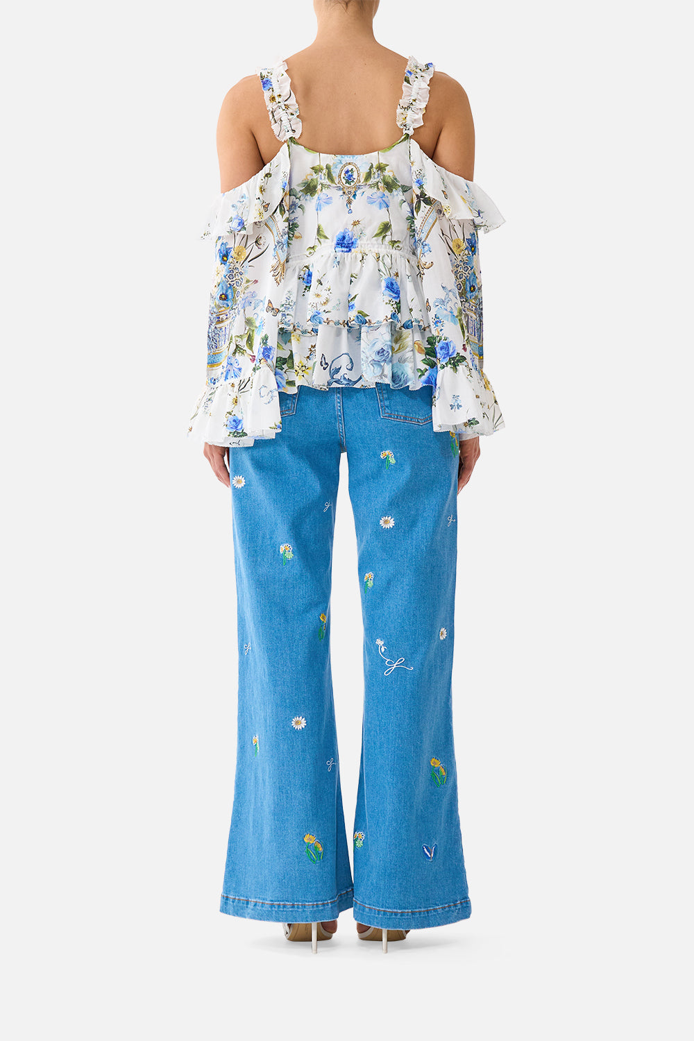 The CAMILLA CORSET DRESS WITH LONG FLARED SKIRT CHAMBER OF BLOOMS in our  print.