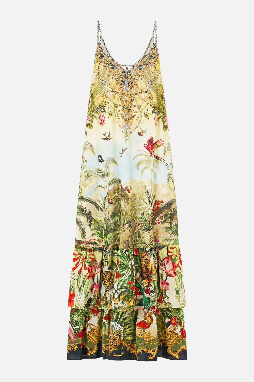 The CAMILLA Strappy Maxi Dress with Tiers in our Wanderlust Empire print, front view.