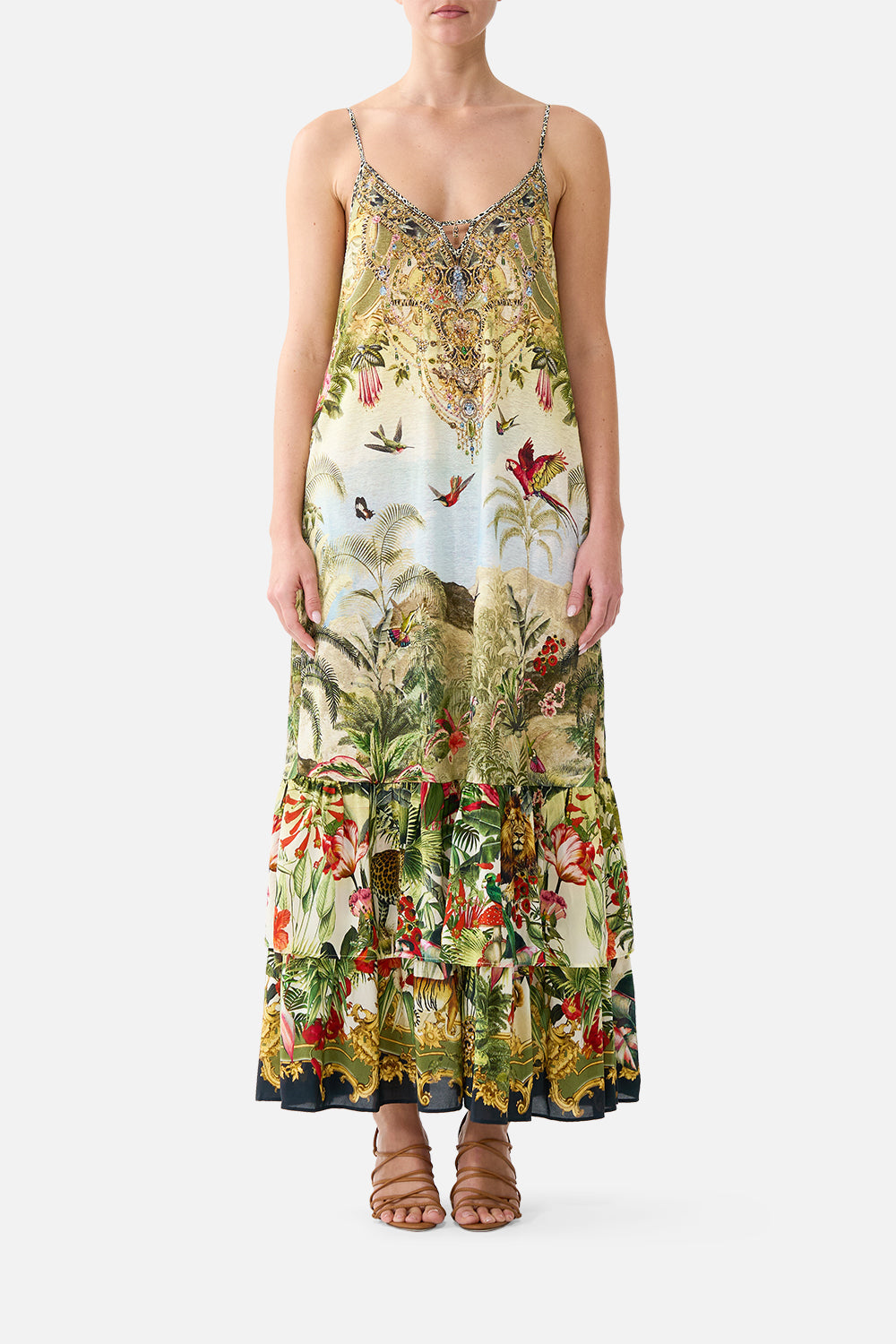 The CAMILLA Strappy Maxi Dress With Tiers Wanderlust Empire in our Wanderlust Empire print.