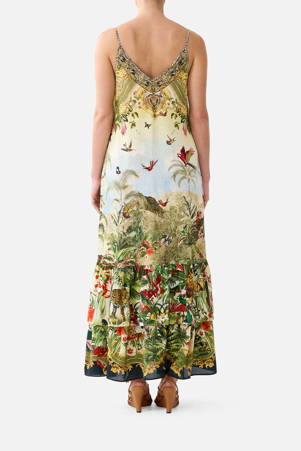 The CAMILLA Strappy Maxi Dress with Tiers in our Wanderlust Empire print, back view on model.